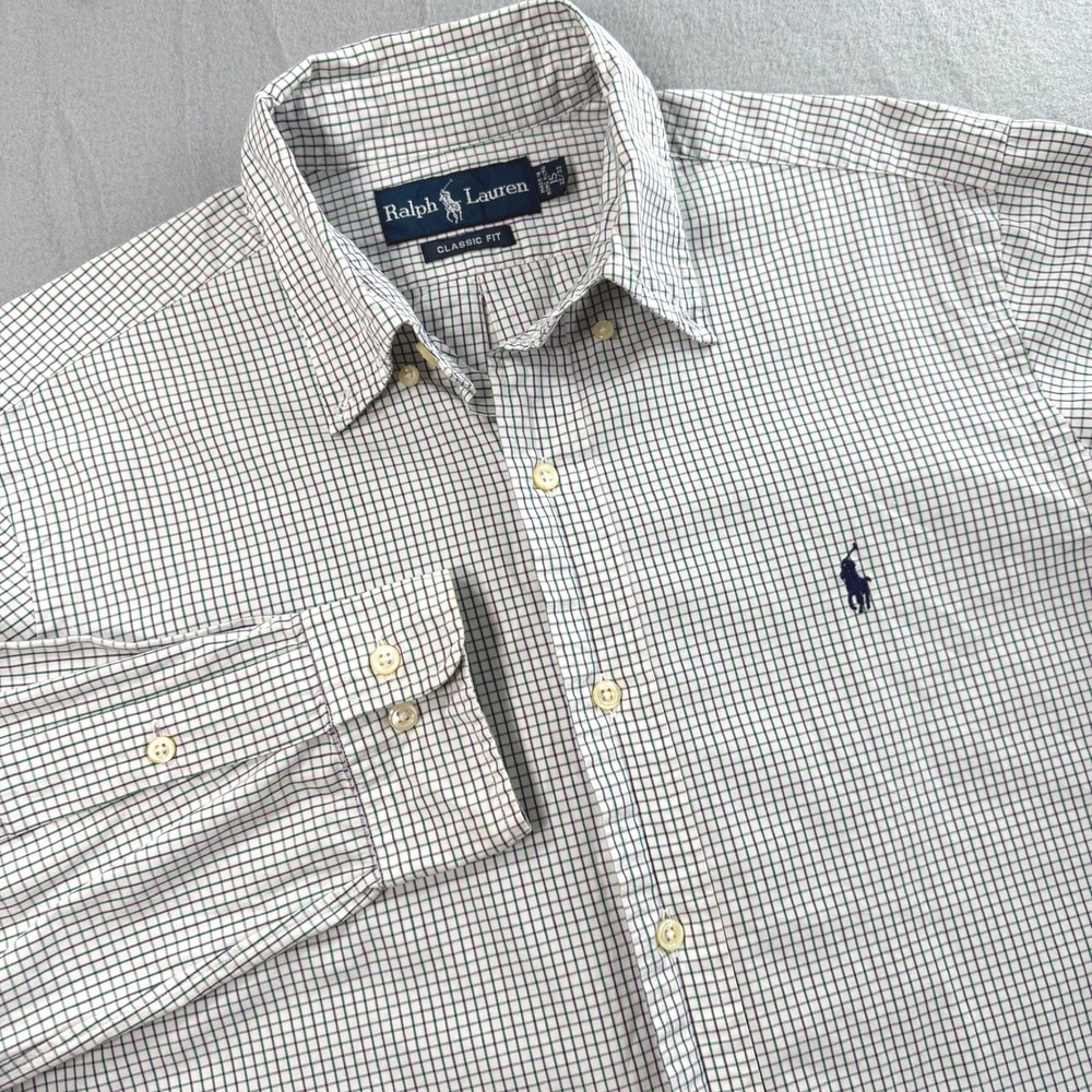 Ralph Lauren Button Down Shirt Mens 15 32/33 White Green Tattersall Office Wear - Picture 5 of 8